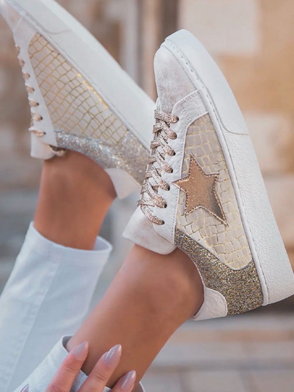 Women's Golden Goose Dupe Cream Sneakers with Metallic Gold Star Accent - Picture 2 of 3